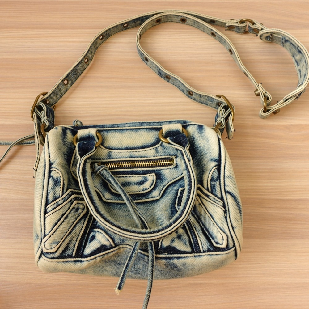 Vintage Y2K‎ Denim Crossbody Bag Blue Acid Wash Distressed Moto Mini Satchel